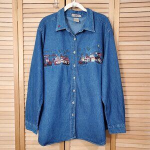 Just My Size Women's Embroidered Button Front Denim Shirt 22W/24W